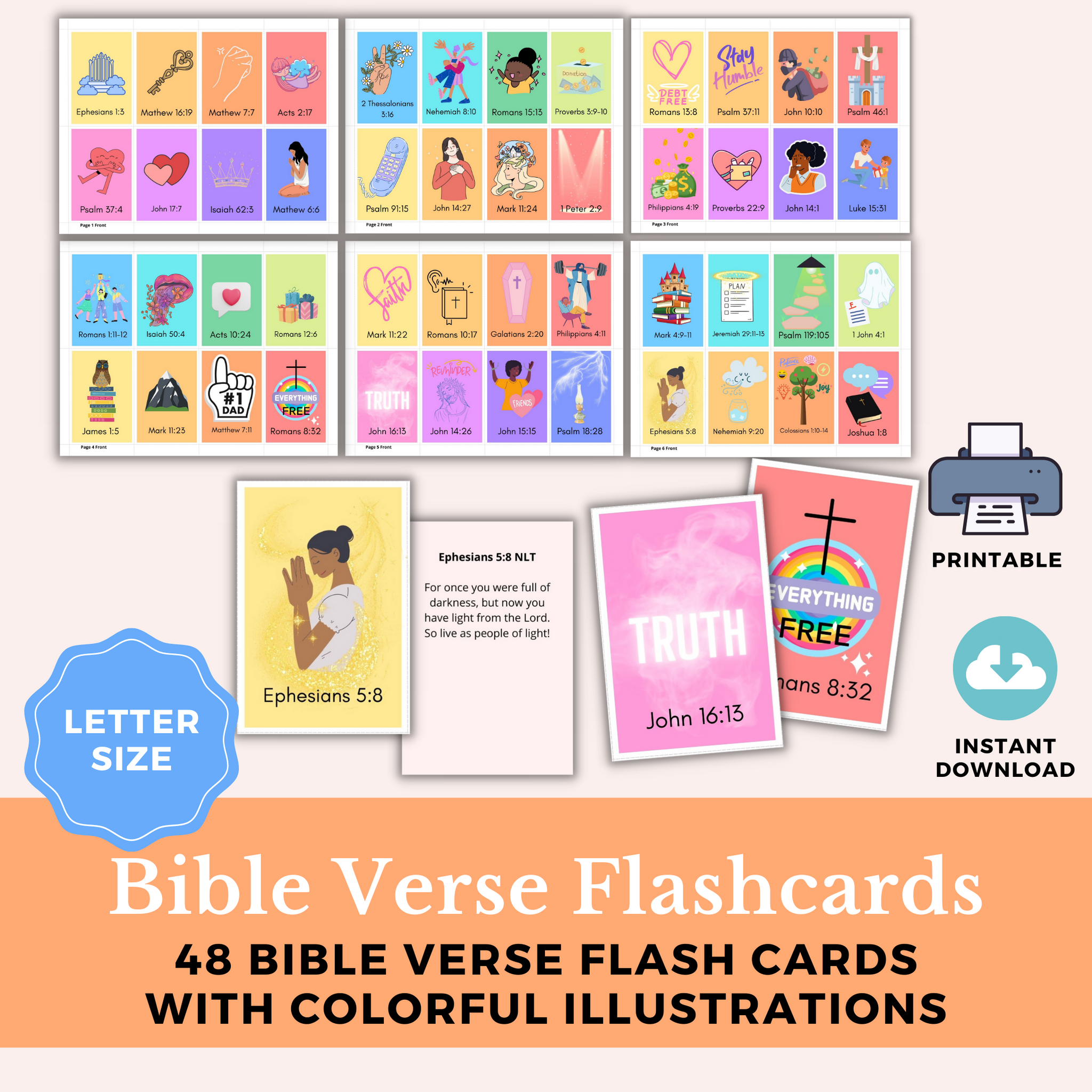 48 Bible Verse Flash Cards with Colorful Illustrations